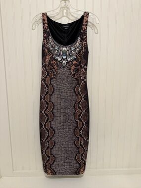 bebe Brown and Black Snake-Print Midi Dress with Faux Jewel Neck
